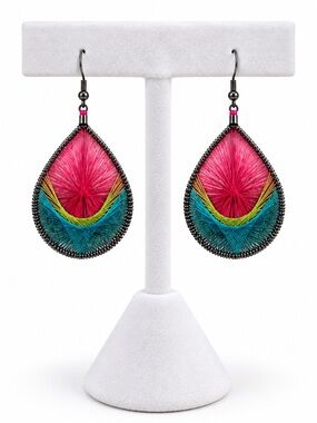 Peruvian Handmade Teardrop Earrings Vibrant String Art Design Pink, Green & Turq